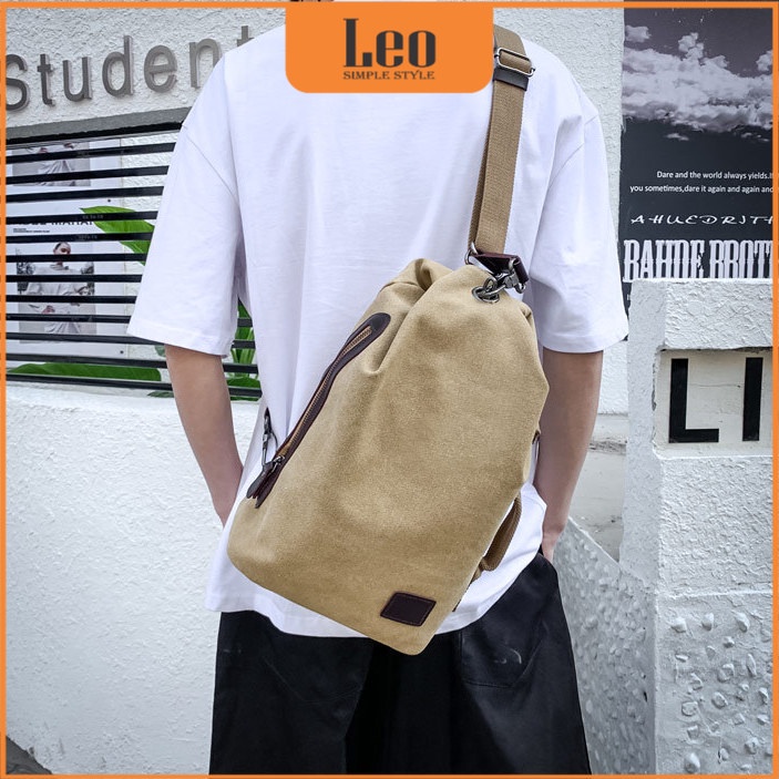 Túi Nam, Balo Nam Đeo Chéo có quai sách bằng vải Canvas màu Xám, Kaki thương hiệu LEO mẫu T66 - Hàng nhập khẩu