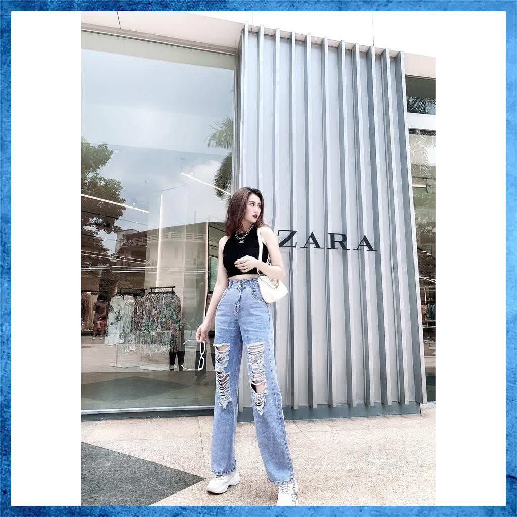 [Jeans nữ thiết kế] Quần bò dài rách dáng suông, quần jeans lưng cao túi chéo 2 khuy. Mã D3160 | BigBuy360 - bigbuy360.vn