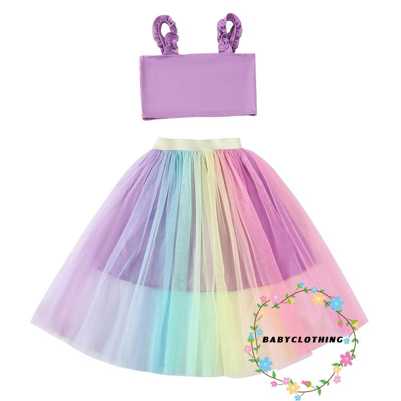 Babyclothes-áo Tanks + Chân Váy Lưới Lưng Thun Hình Hoa Hướng Dương / Cầu Vồng Phong Cách Ngọt Ngào Thời Trang Mùa Hè