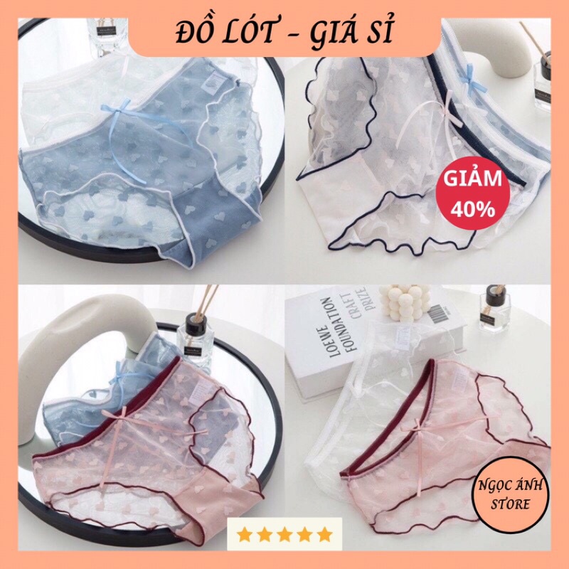 Quần Lót Nữ Ren Sexy Viền Màu Phối Họa Tiết Trái Tim Gợi Cảm Quyến Rũ H006 .