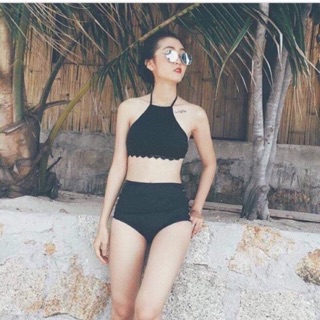 Bikini yếm ren quần cạp cao đan hông