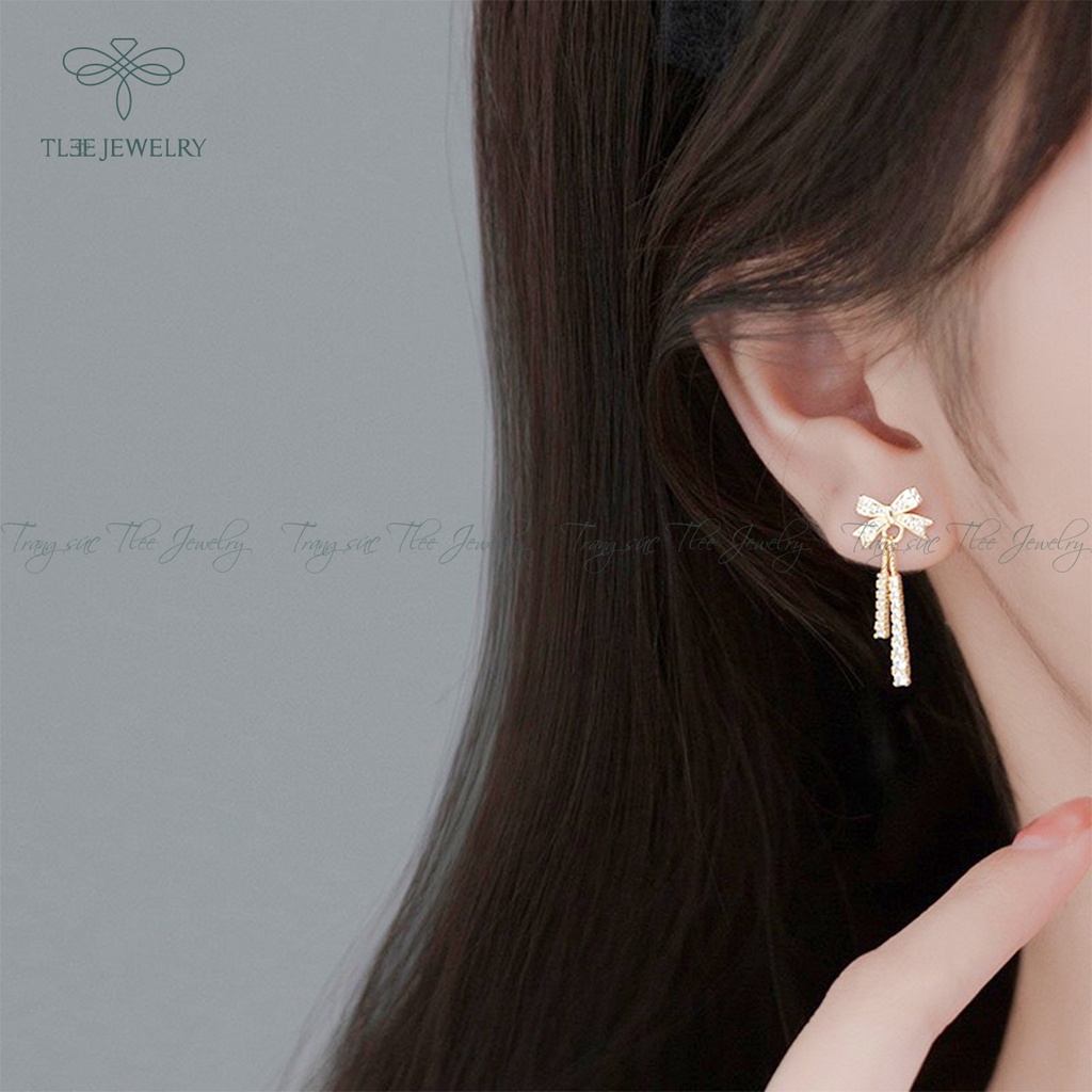 Khuyên tai bạc nữ TLEE nơ dáng dài tiểu thư nạm đá sáng sang trọng NCJ B0144