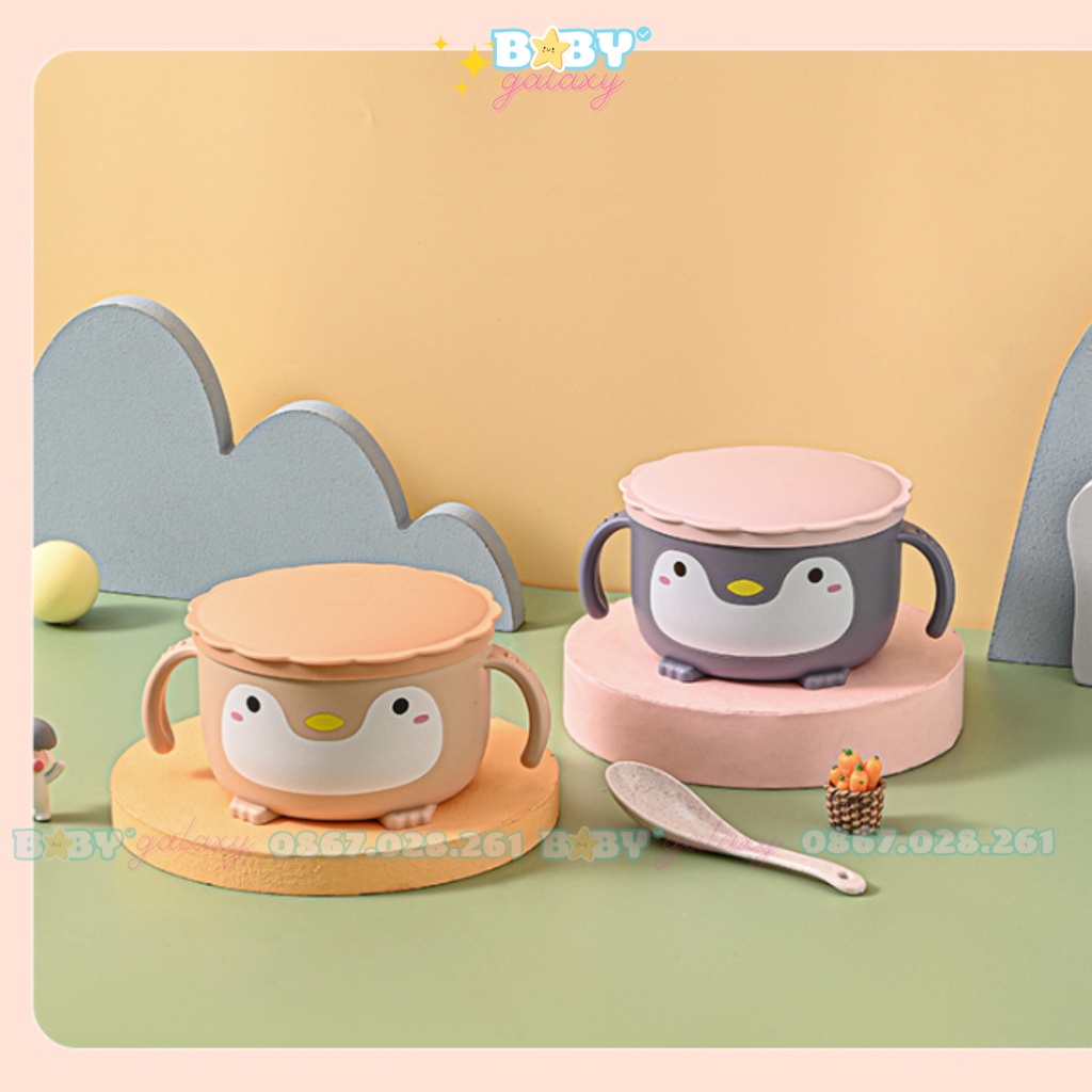 Chén Bát Ăn Dặm Inox Giữ Nhiệt Hình Chim Cánh Cụt Cho Bé, Có Nắp, An Toàn - Baby Galaxy Official