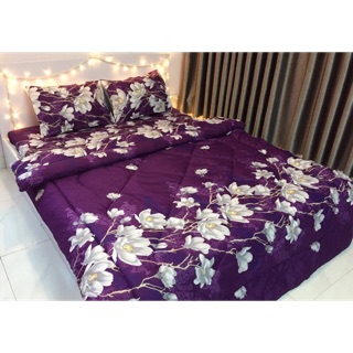 Trọn bộ chăn phao hoa 5 món nền tím