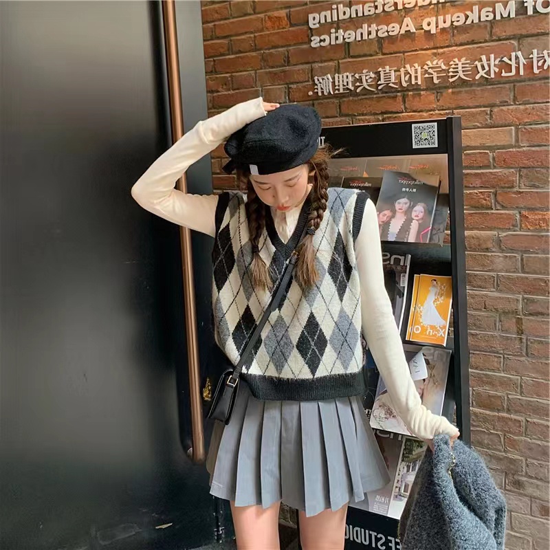 【ZHELIHANGFEI】Áo Len Không Tay Form Rộng Họa Tiết Kim Cương Theo Phong Cách Preppy Dễ Phối Đồ