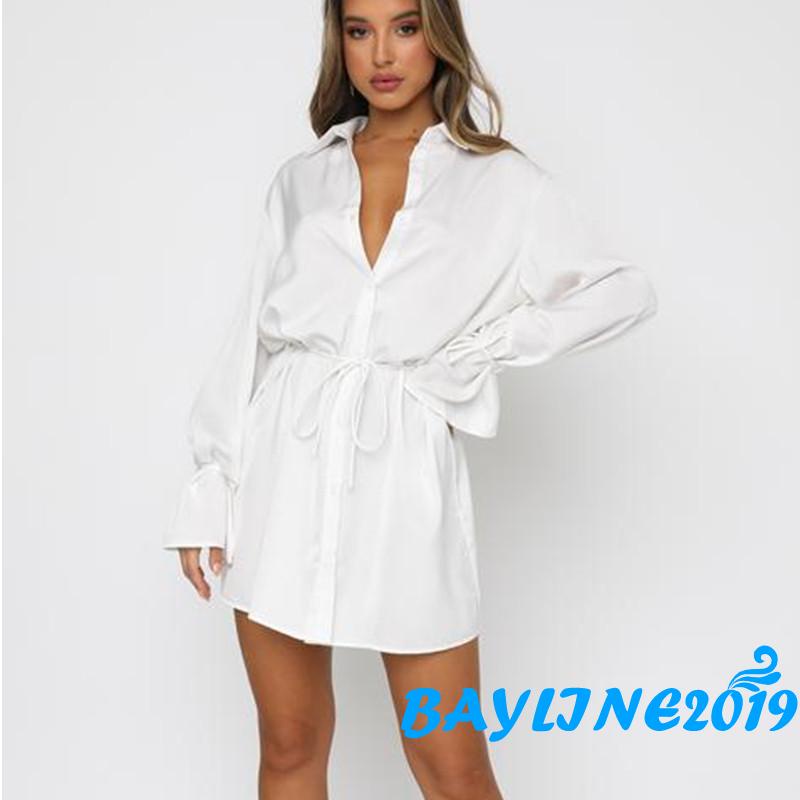 BAY-Đầm sơ mi cổ bẻ tay loe màu trơn cột dây một hàng nút thời trang mùa hè cho nữ 5 màu tùy chọn