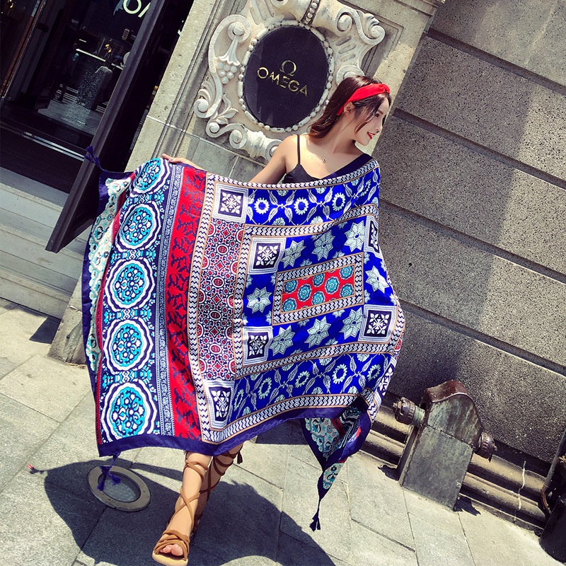 Khăn choàng đi biển họa tiết boho xanh thổ cẩm chất dày loại 1 che nắng chụp hình size 180x90cm - VS035 The Collar Box