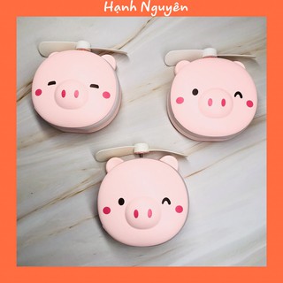 [CUTE] Quạt mini heo hồng có đèn led và gương soi