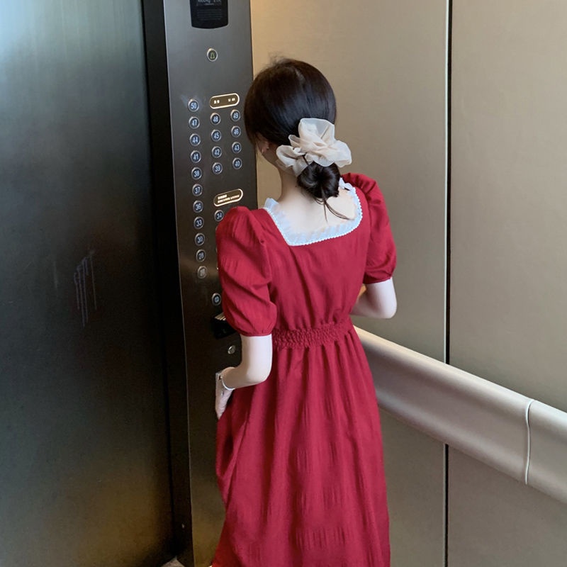 Đầm Cổ Vuông Màu Đỏ Dáng Ôm Phong Cách Pháp Cổ Điển Thời Trang Mùa Hè 2022 Mới Cho Nữ