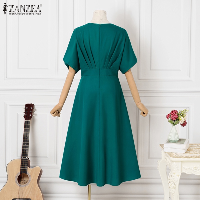Đầm ZANZEA dáng dài tay cánh dơi cổ chữ V eo cao phối khóa kéo thời trang dành cho nữ