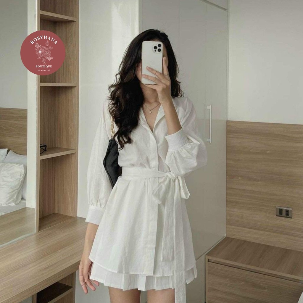 Set Váy Sơ Mi Kèm Đai Buộc Chất Liệu Đũi_ROSYHANA_CÓ ĐÁNG GIÁ VÀ VIDEO MÃ 044