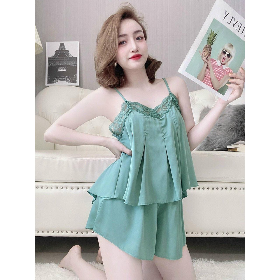 Bộ mặc nhà nữ, áo hai dây xếp ly siêu lạ, quấn ngắn, chất liệu satin, nhiều màu, dễ thương
