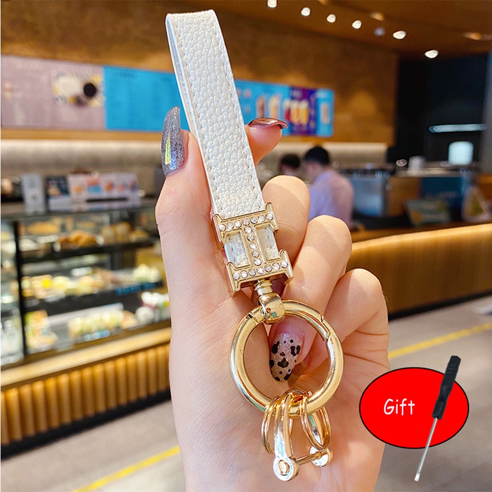 Móc Chìa Khóa Xe Hơi/Túi Xách Bằng Da Thật Đính Kim Cương Giả Dễ Thương