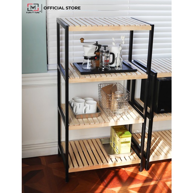 Kệ để lò vi sóng 4 tầng lắp ráp màu đen phối gỗ thương hiệu MW FURNITURE - Nội thất căn hộ