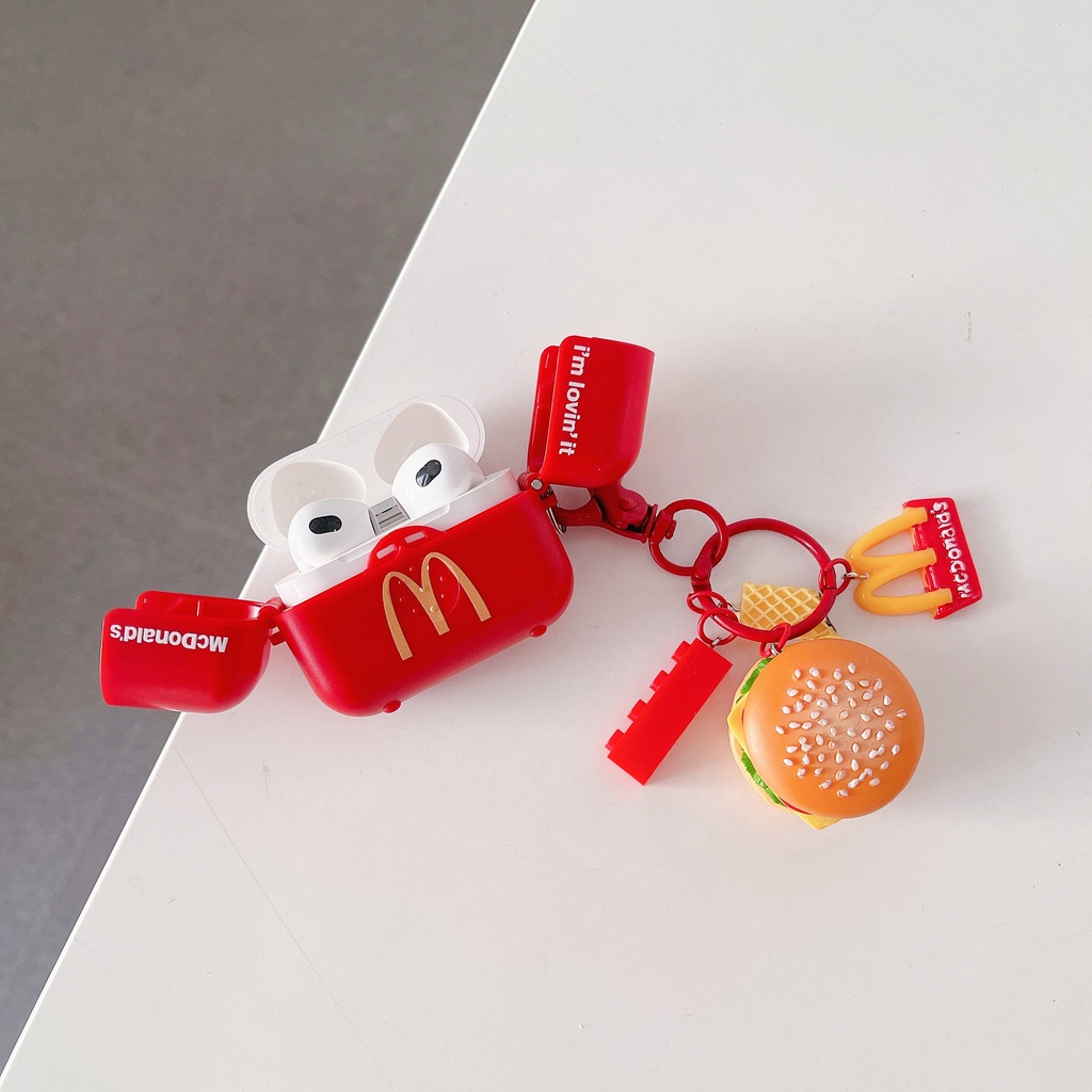 Vỏ Bảo Vệ Hộp Sạc Tai Nghe Bluetooth AirPods 1 2 pro 3 2021 gen3 Bằng PC Cứng Gắn Móc Khóa Hình Mcdonald 'S Màu Đỏ Sáng Tạo