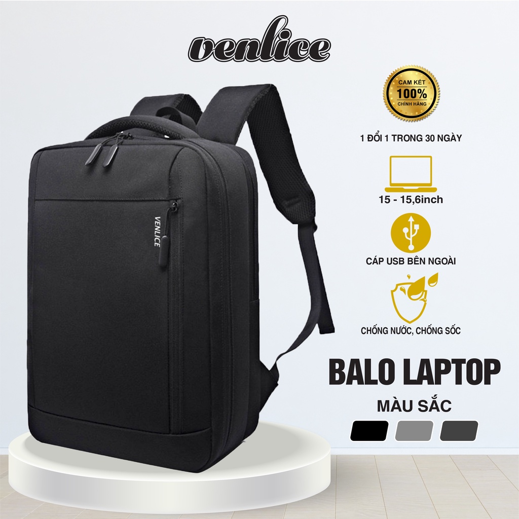 Balo VENLICE Cao Cấp 2in1 Chống Sốc Laptop Kèm Cổng USB Và Ngăn Đựng Quần Áo Đi Chơi, Đi Làm - Đen