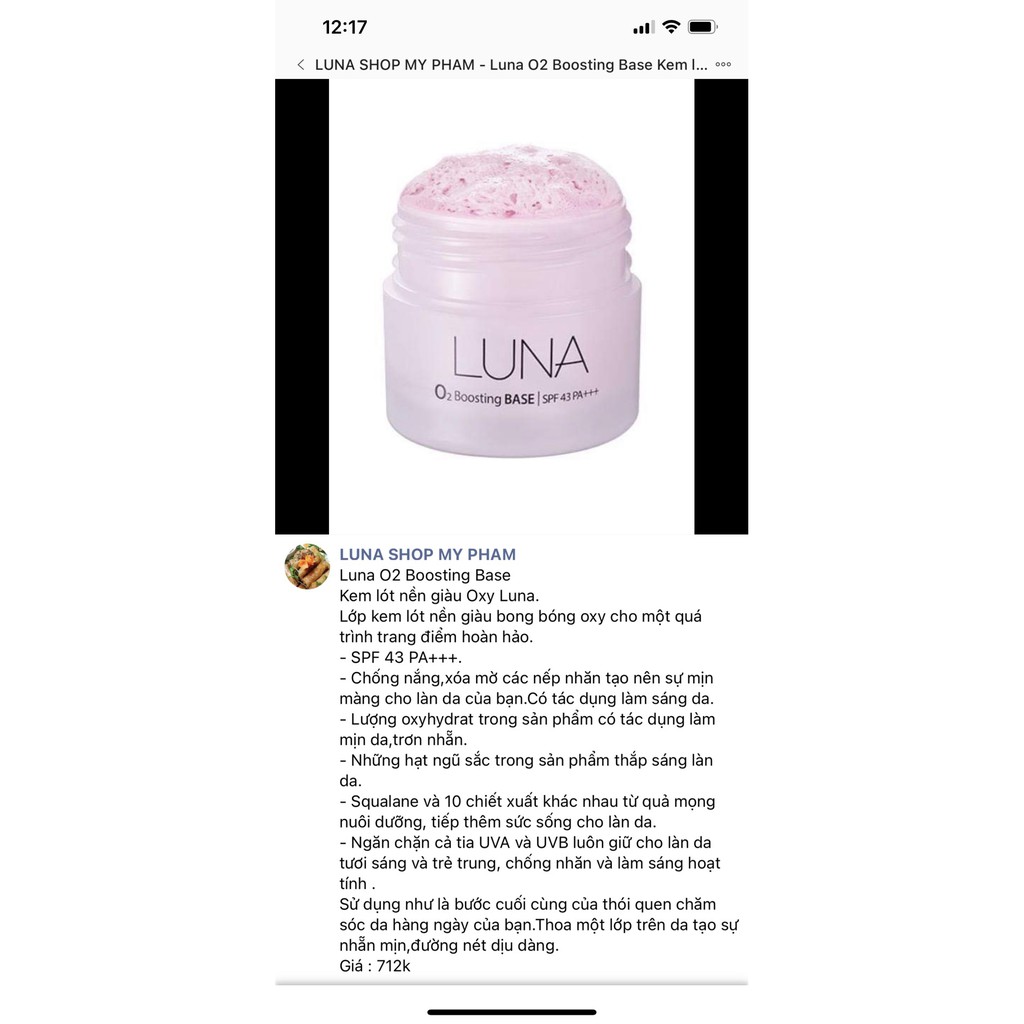 Kem lót che phủ nếp nhăn, sẹo mụn cho hiệu ứng mịn màng căng bóng LUNA O2 Boosting Base SPF 43 PA+++ (Hàn quốc) | BigBuy360 - bigbuy360.vn