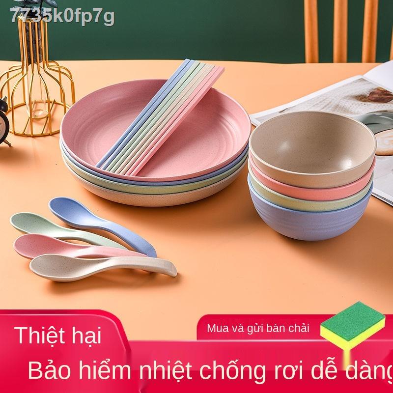 Phong cách Nhật Bản rơm lúa mì hộ gia đình sáng tạo bát cơm chống rơi nhiệt đĩa phở đũa thìa bộ đồ
