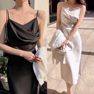 Đầm xoè lụa 2 dây cổ đổ