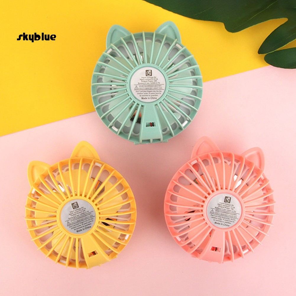 Quạt mini bỏ túi có đèn LED và gương trang điểm thiết kế hình mèo dễ thương cho nữ