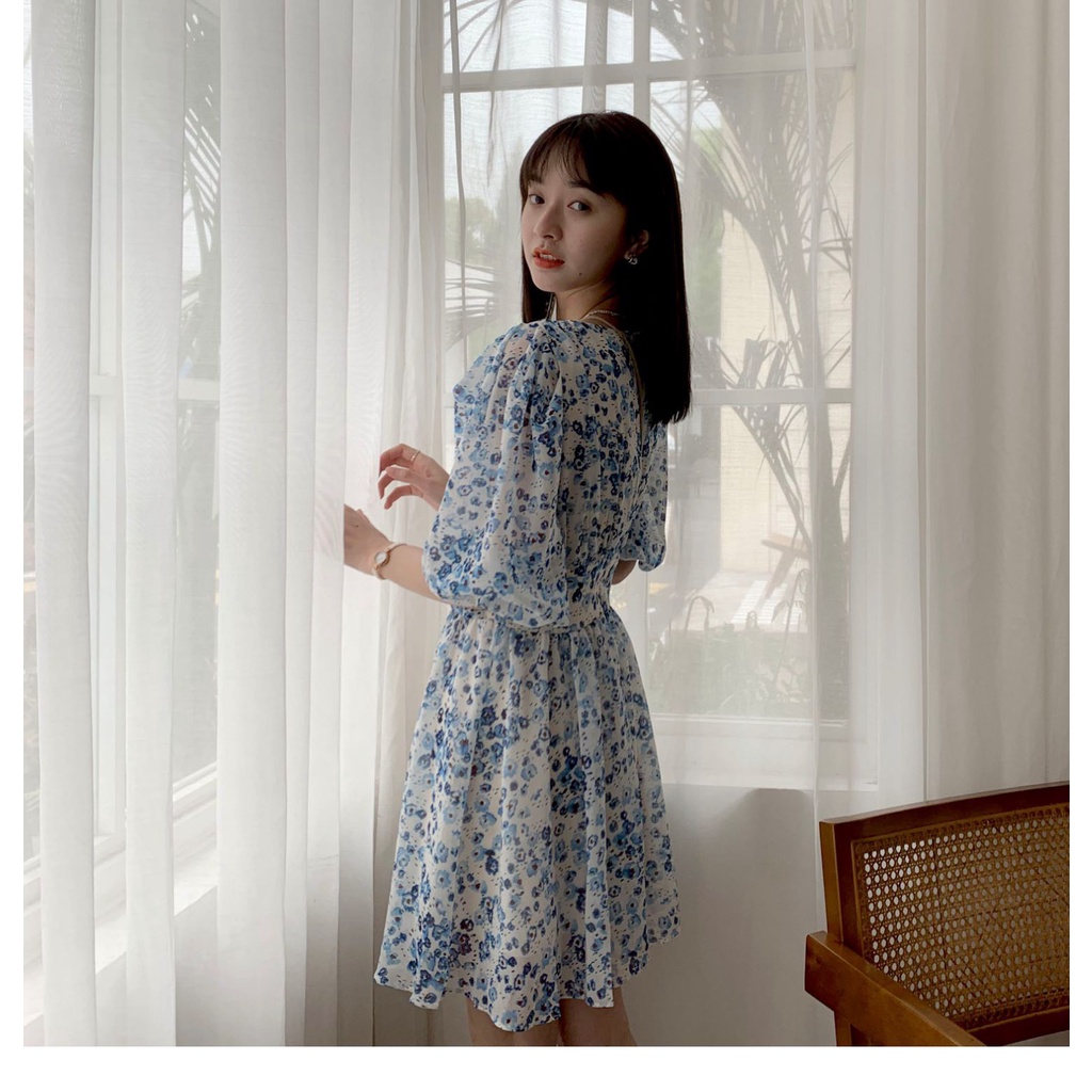 Bitan Dress - Đầm hoa xanh nút bọc