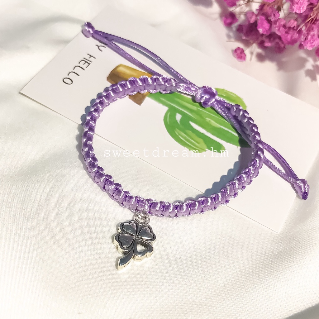 Vòng tay dây tim nhiều màu mix cỏ 4 lá may mắn, vòng tay handmade xinh xắn