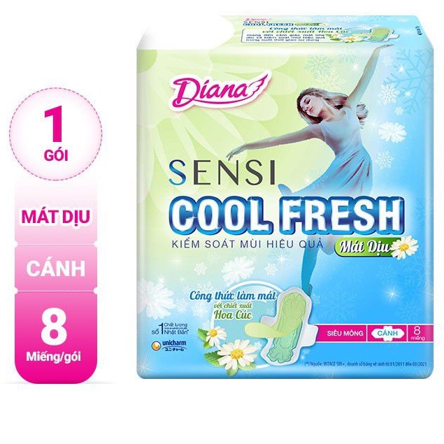Băng Vệ Sinh Diana Sensi Cool Fresh HOA CÚC Mát Dịu Siêu Mỏng Cánh 8 miếng/gói