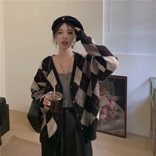 Áo Khoác Len Hoạ Tiết Trám Vintage Phong Cách Cổ Điển Hàn Quốc