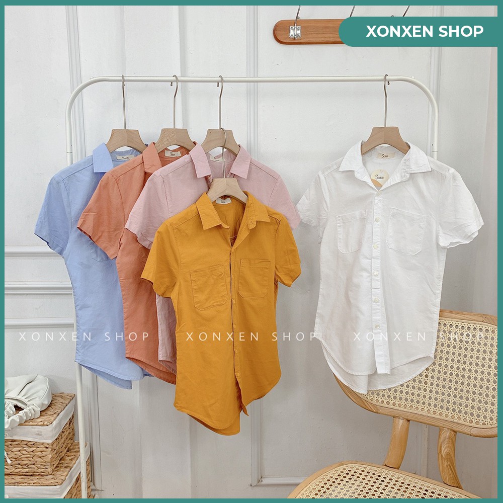 Áo sơ mi áo sơ mi nữ hai túi cộc tay chất vải cực mát XONXEN SHOP HUẾ free size mã 105