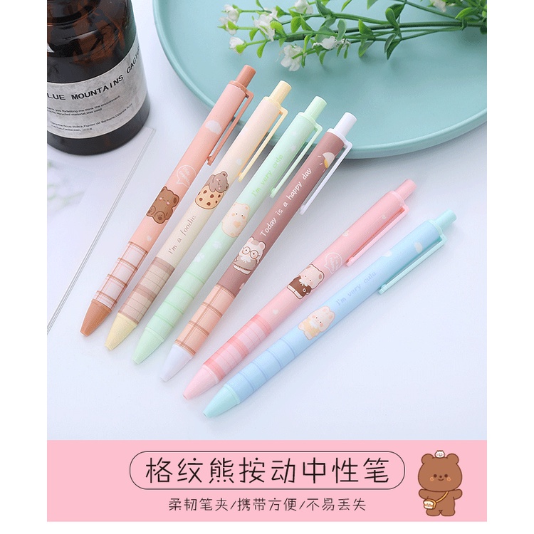 Bút Kí Tên Dạng Nhấn Hình Gấu Hoạt Hình Sáng Tạo Kẻ Sọc Caro Cho Học Sinh / Văn Phòng Ruột bút gel bút gel nhiều màu bút bi bấm cute Bút bi bấm bút nhiều màu