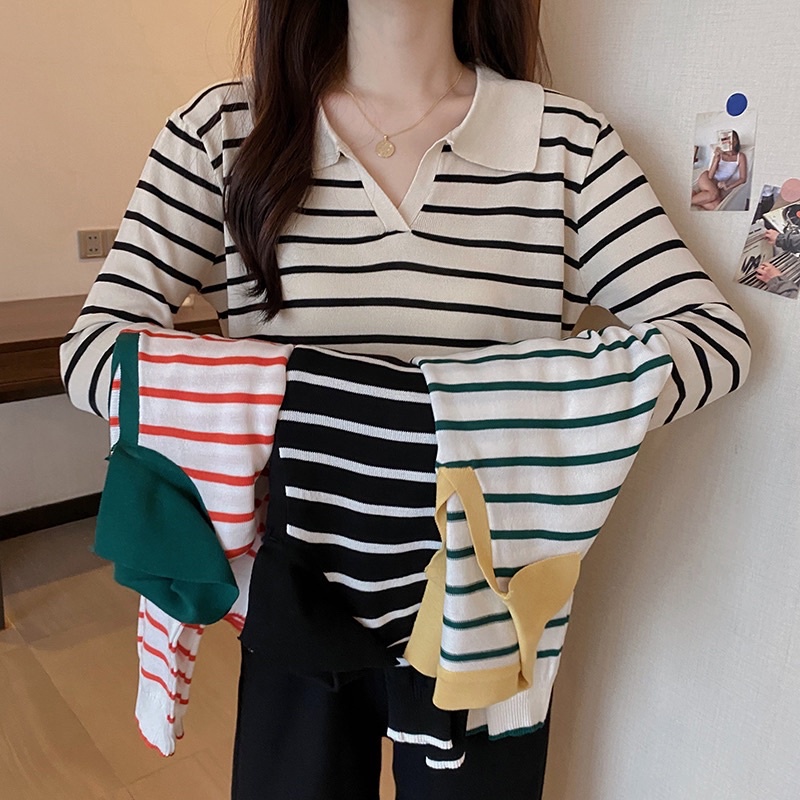 Áo len polo tay dài dệt kim kẻ sọc ngang - Áo thun len dài tay Quảng Châu