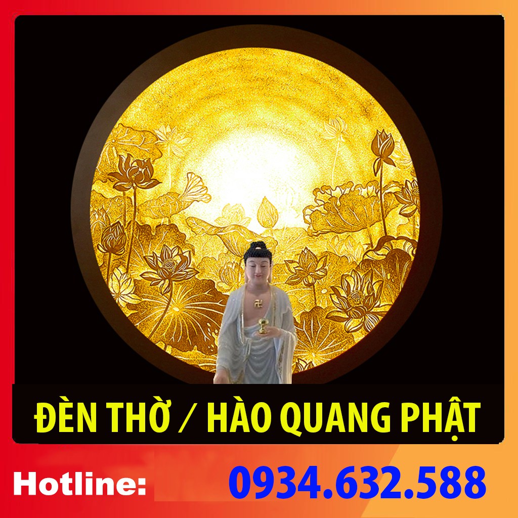 Sx - Hào quang thờ Phật đường kính 30cm mẫu sen - in tranh trúc chỉ 198, khung sắt  (đặt tượng thờ cao 25cm đến 40cm