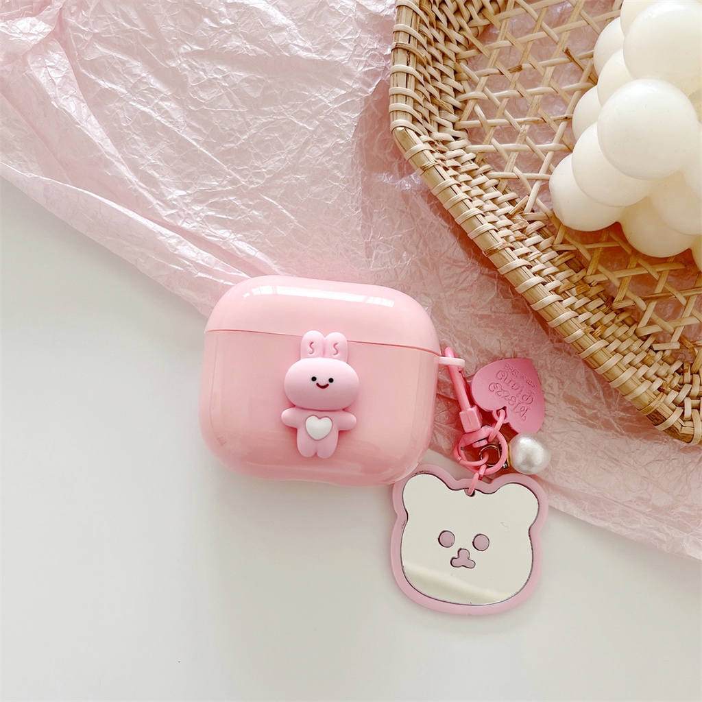 Vỏ Bảo Vệ Hộp Sạc Tai Nghe AirPods Pro 1 2 3 Hình Thỏ Hồng Dễ Thương Kèm Gương Soi Tiện Dụng