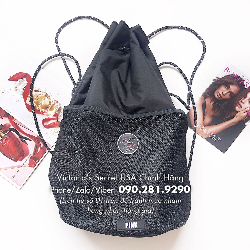 (Bill Mỹ) Balo gym dạng rút, túi rút thể thao (40) màu đen, phối túi lưới - KT 39x42cm - Hàng nhập Victoria's Secret USA
