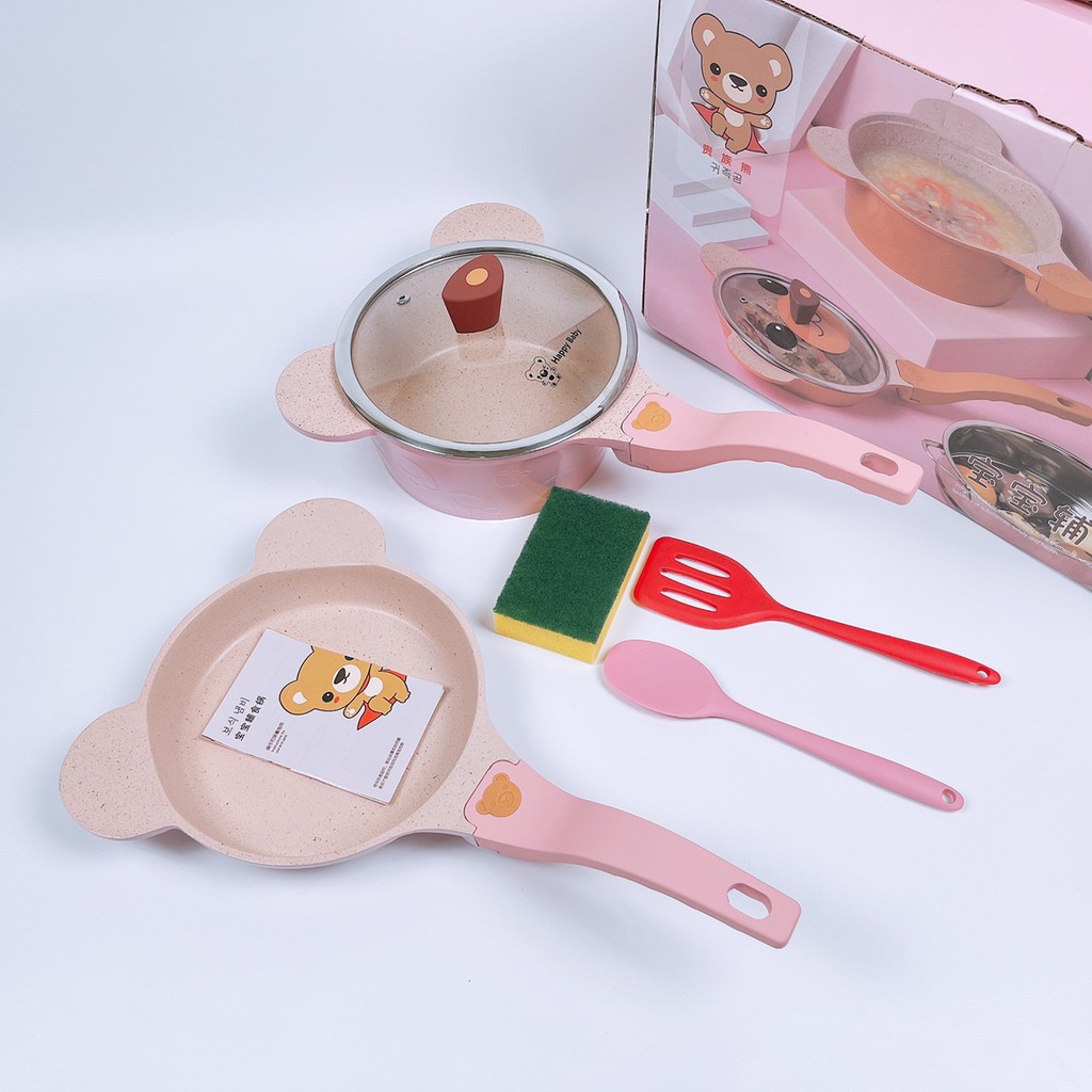 Bộ nồi chảo đá nấu ĂN DẶM chống dính cao cấp size 18 xuất hàn hình gấu cho bé Goodbabyvn