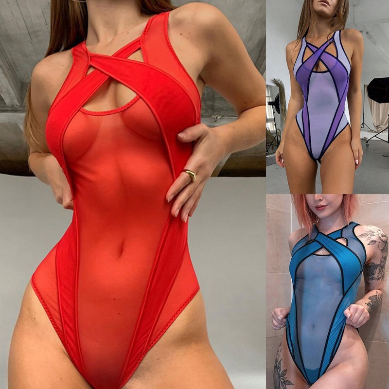 Xiangbao Bộ Áo Liền Quần Lưới Rỗng Không Tay Xuyên Thấu Màu Trơn Dây Chéo Ôm Dáng Mùa Hè Cho Nữ