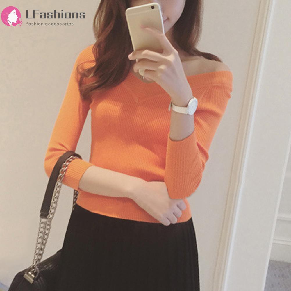 [Lfashions] Autumn Women Off Shoulder V-Neck Knit Tops Long Sleeve Pullover Sweaters | BigBuy360 - bigbuy360.vn