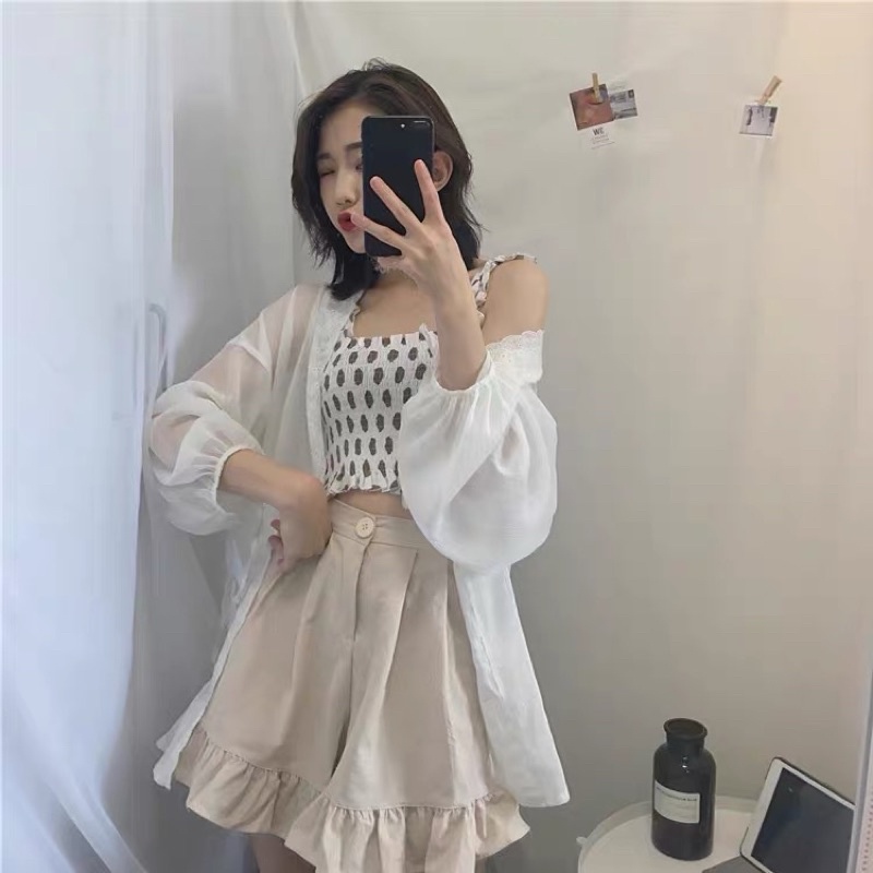 QUẦN SHORT NGỐ FORM RỘNG PHỐI CHÂN BÈO VINTAGE ( màu trắng / đen / be )