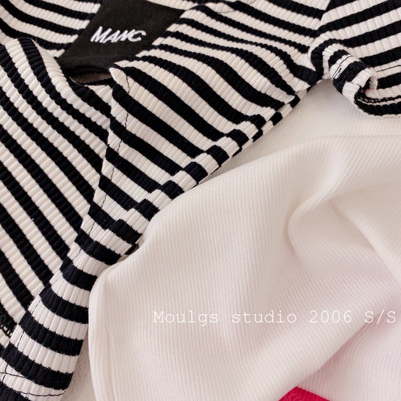 Áo Thun Cotton Tay Ngắn Hở Lưng Họa Tiết Kẻ Sọc Phong Cách Hàn Quốc Cho Bé Gái