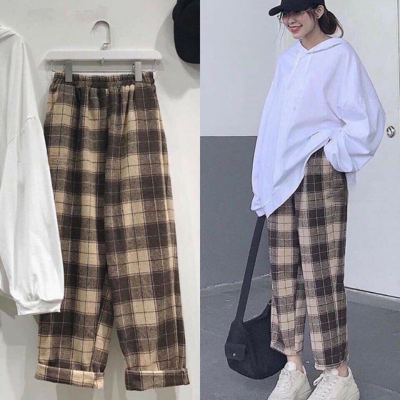 Quần nữ Kẻ caro, lưng cao, dáng rộng, Ống xuông ulzzang