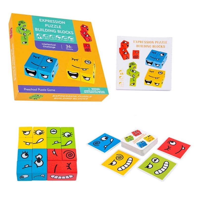Đồ chơi Boardgame xếp hình thay đổi biểu cảm khuôn mặt bằng gỗ theo thẻ mẫu cho bé thông minh