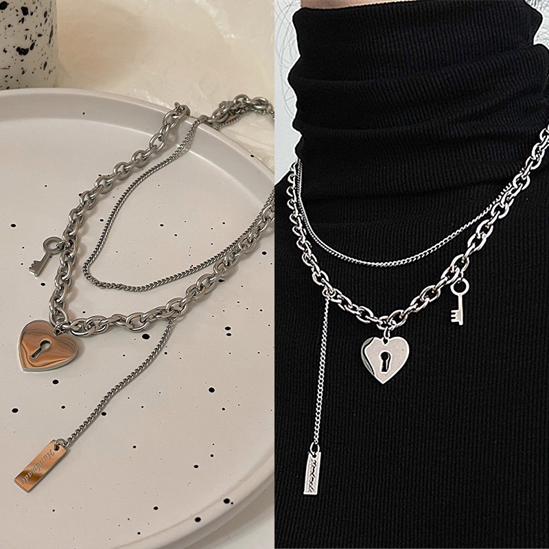 Vòng cổ Hai Lớp Gắn Mặt Chìa Khóa Trái Tim Phong Cách Hip hop Thời Trang Dành Cho Nữ