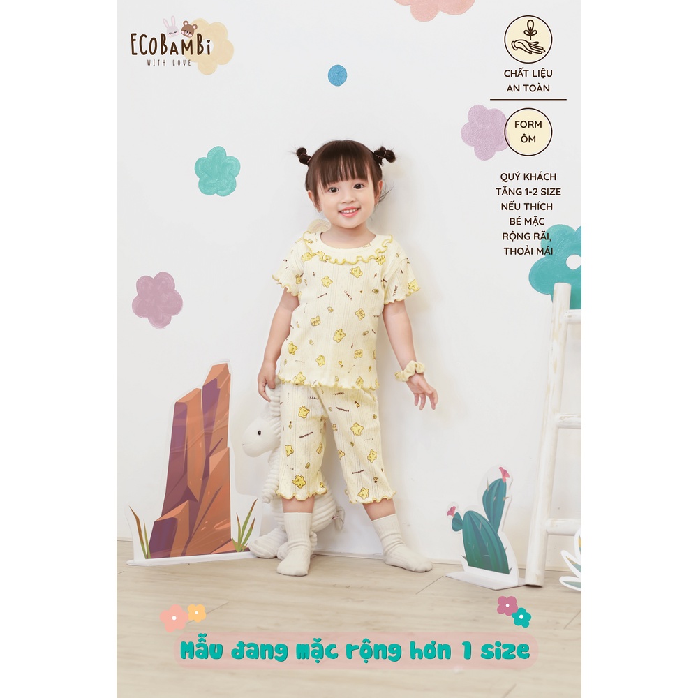 Bộ cotton thun Hàn bé gái tay ngắn, QUẦN LỬNG kiểu dệt jacquard hoa nhí Ecobambi