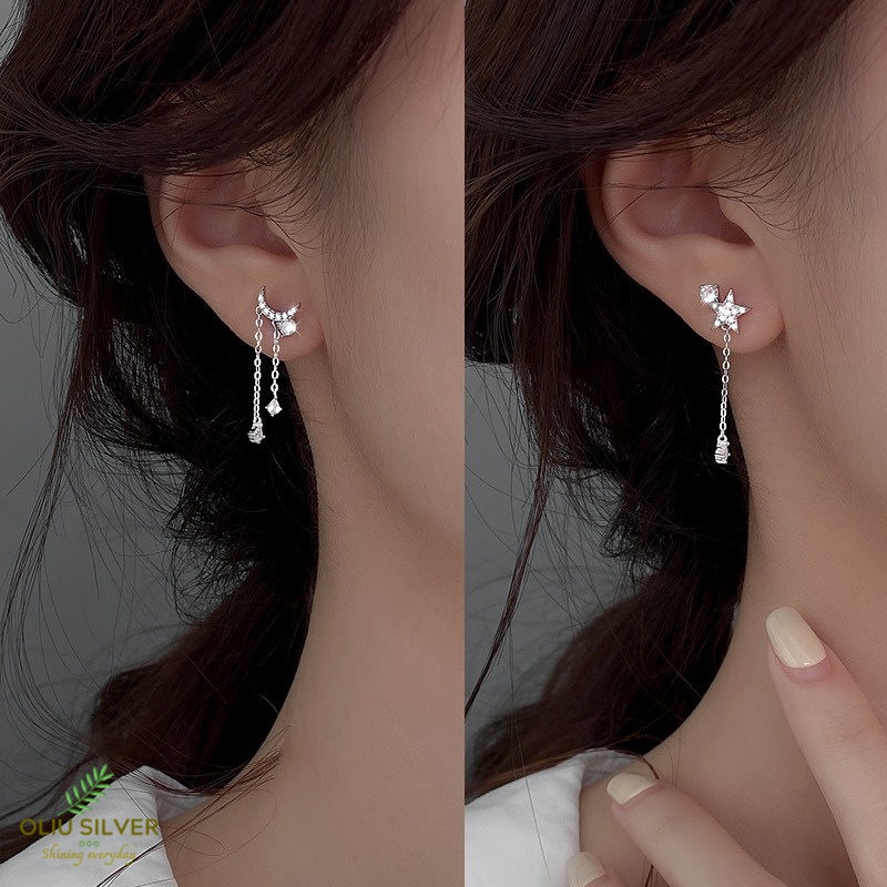 Bông Tai Bạc S925 Tua Rua Trăng Sao Sợi Thả Bất Đối Xứng Xinh Xắn | Khuyên Tai Nữ Trang Sức Bạc Thời Trang