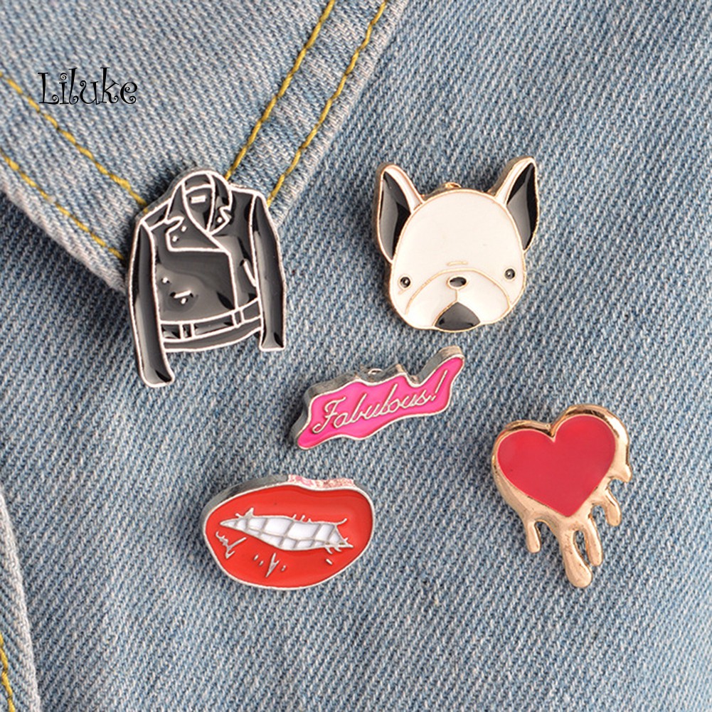【LK】Unisex Cartoon Bulldog Lips Heart Brooch Pin Badge Clothes Coat Decor