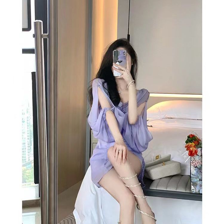 Váy thiết kế mỏng phong cách mới sang trọng tinh khiết màu tím mùa hè 2023 cho nữ