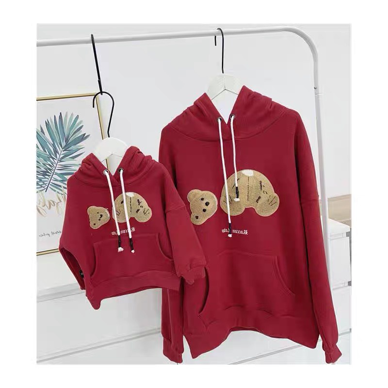 ÁO NỈ HOODIE ĐÔI MŨ LIỀN ĐỎ GẤU MẸ VÀ BÉ