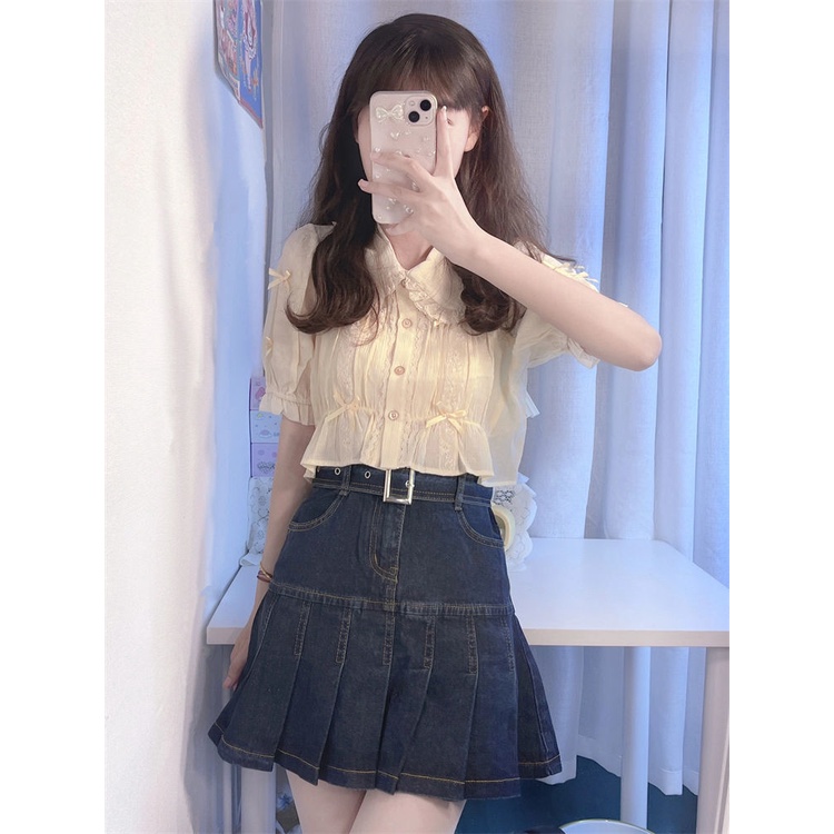 Jiashucheng Chân Váy Denim Chữ a Xếp Ly Lưng Cao Thời Trang Mùa Hè Cho Nữ