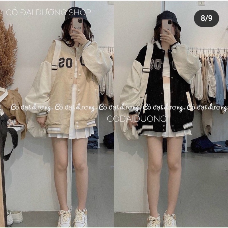 Áo khoác bomber kaki nhung gân thêu unisex ulzzang nam nữ
