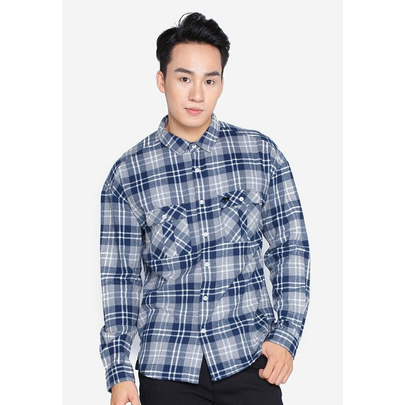 Áo sơ mi nam dài tay Bò Sữa by Boo dáng suông kẻ caro màu xanh đen (Size M-60-73kg)